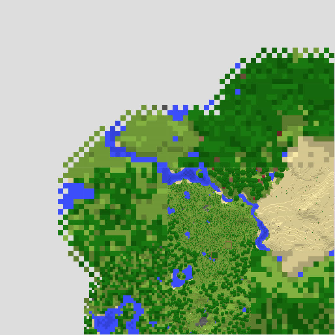 Map of the Spawn area, only filled in about halfway. Most of it is pixelated, but details visible include a desert temple, two pens, and a stone structure. These features are clearly square and artificial, but the area is otherwise natural.