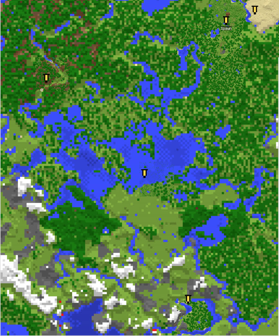 Roughly square map, a little taller than wide, with the Spawn area in its northeast corner. It extends west to the mega taiga. The middle third of the map heading south is mostly swamp; south of this is more varied with a number of mountain peaks and forests.