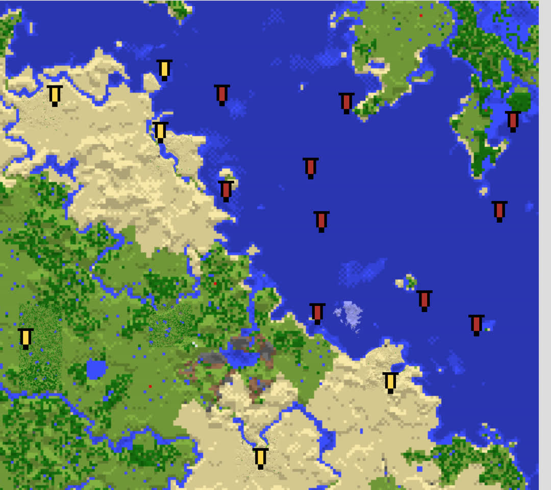 Detail of the northeast corner of the map. There are ten red markers scattered around the ocean.