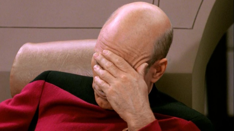 Captain Jean‐Luc Picard, from “Star Trek: The Next Generation,” facepalming.