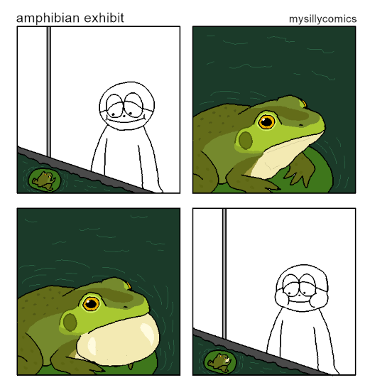 Comic titled “amphibian exhibit.” A person is looking at a frog sitting on a lily pad. The frog inflates its vocal sac, and the person responds by puffing out their cheeks.