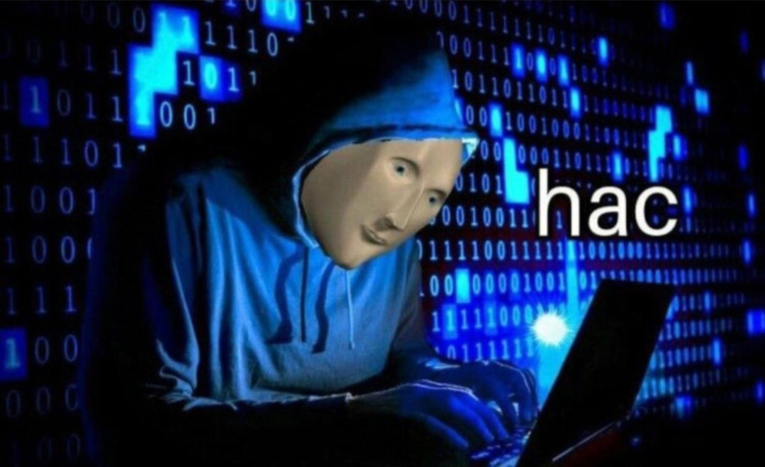 The character “Meme Man” wearing a hoodie, hunched over and typing at a laptop, over a background of zeroes and ones, captioned “hac”.