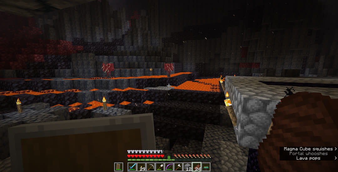 Overlooking a nether portal and some lava pools in the basalt deltas. Two striders are in the lava.