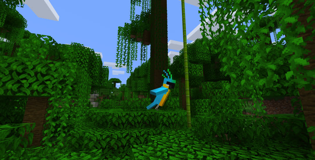 A cyan parrot flying low above the foliage‐covered jungle floor.