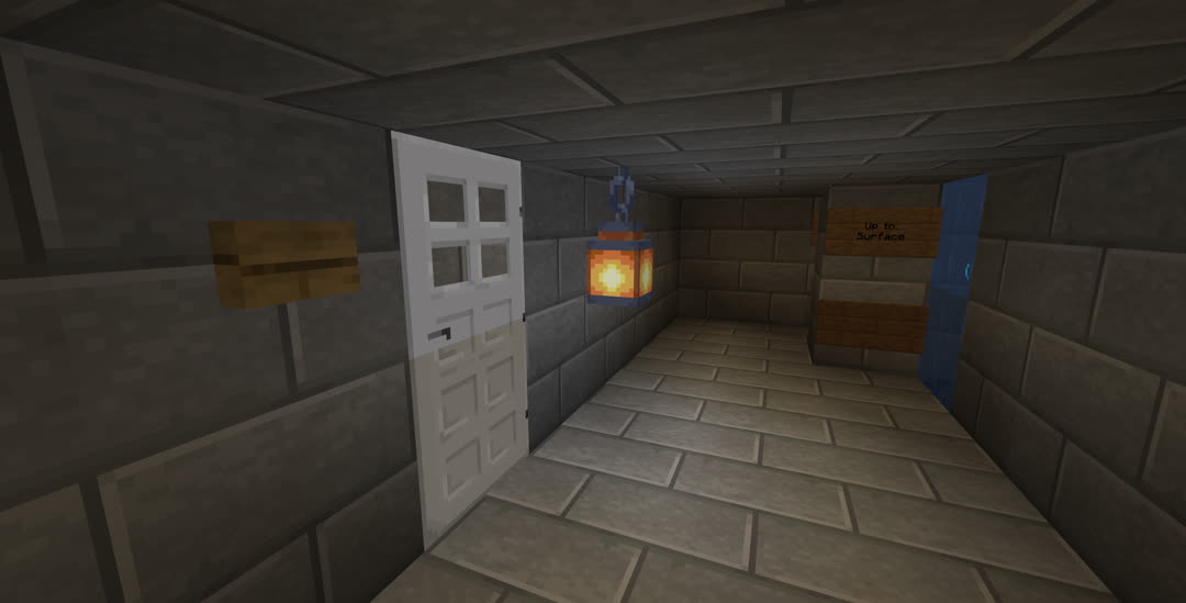 Access hallway of the mob farm, facing the elevators from the kill area. An iron door is set in the left‐hand wall between an oak button and a lantern.