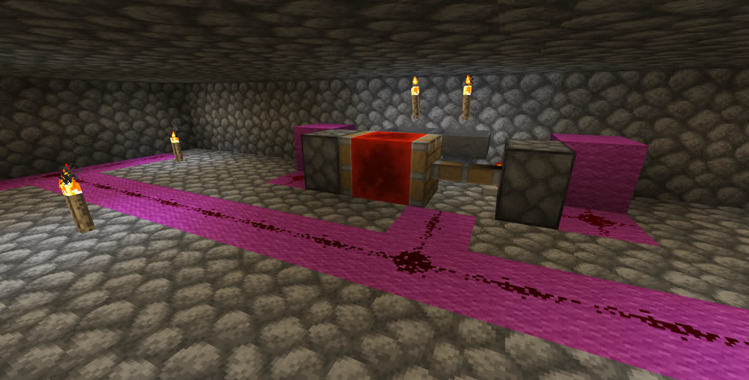 Another large cobblestone room, with some redstone circuitry on magenta wool in the floor. Two pistons are facing each other, the right piston extended, with a block of redstone sandwiched between them. Just behind this are two hoppers directed into each other, the left hopper currently powered by the redstone block.