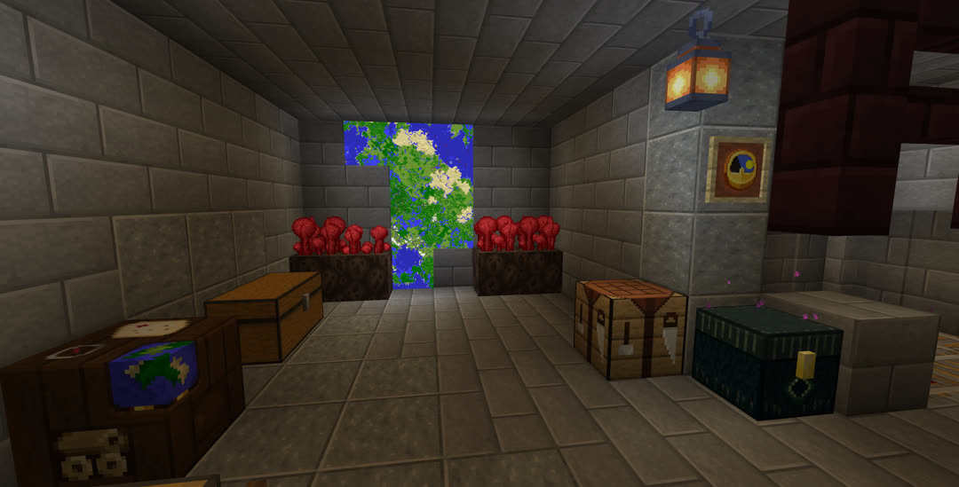 View of the subbasement from the bottom of the staircase. The walls, ceiling, and floor are all made of stone brick and polished andesite. There are eight backlit maps on the far wall flanked by a few blocks of soul sand growing nether wart. Along the left wall are chests and a cartography table. On the right at the inner corner of the room are another framed clock, crafting table, and an ender chest. Rails lead out of frame to the right.