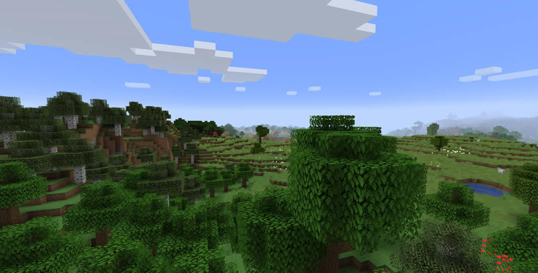 Looking over more forests and plains. Barely visible amid the fog, trees, and hills are a number of village buildings.