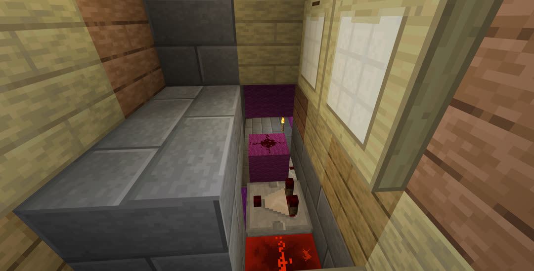 Hidden behind some trapdoors, a cramped room with redstone circuitry.
