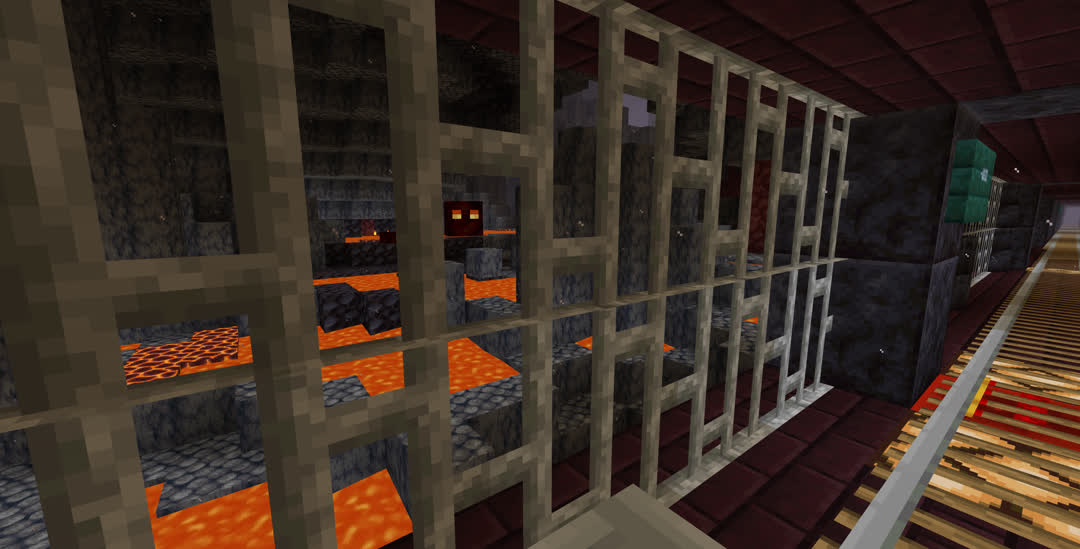 Looking from the railway tunnel into a basalt deltas with some magma cubes. The tunnel’s floor and ceiling are made of nether brick and the walls of iron bars, with a ring of polished blackstone every ten meters. The nearest ring has a warped wood sign on the wall and redstone lamps in the floor.