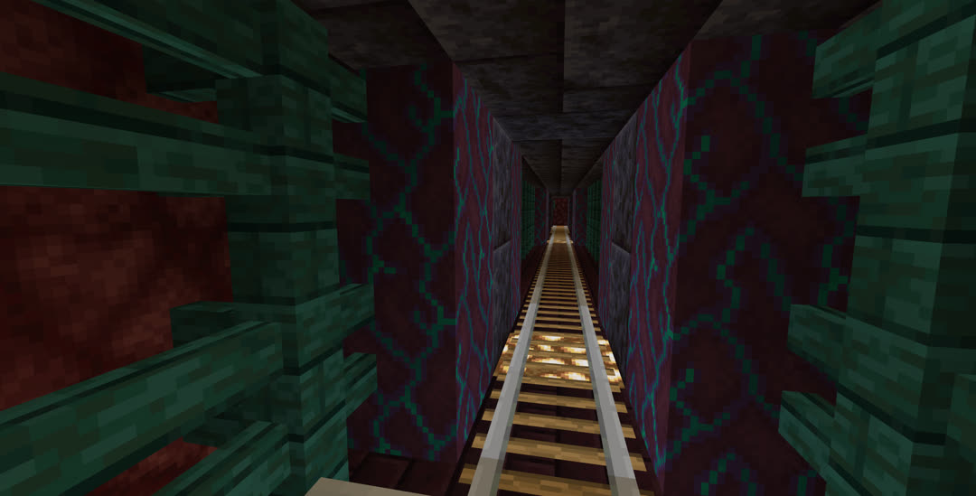 An enclosed portion of the tunnel. The ceiling here is blackstone bricks, and warped wood fencing lines the netherrack walls, linked by warped stems to the blackstone rings.