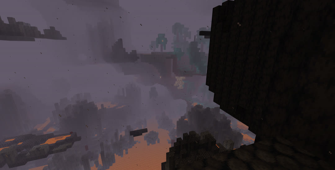 Islands of basalt in and over the Nether’s lava sea with a warped forest in the distance.