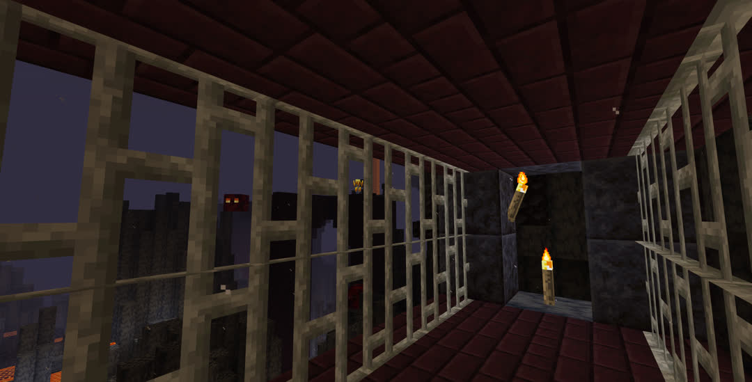 Rail tunnel under construction, with no tracks laid and the end of the tunnel open into the Nether cavern. The fortress is visible through the iron bars with a blaze looking directly at the camera.