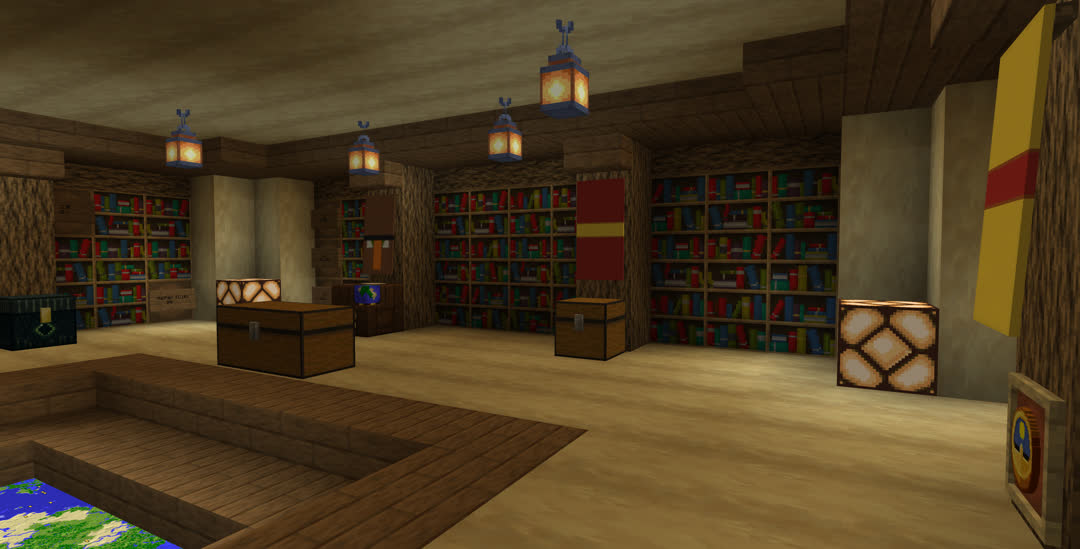 A large room framed in darker wood tones with a ceiling and floor mainly of stripped birch logs, lit by lanterns and redstone lamps. Bookshelves line the wall, some of which are replaced with signed barrels. Various chests and workstations are strewn about and the room is decorated with banners.