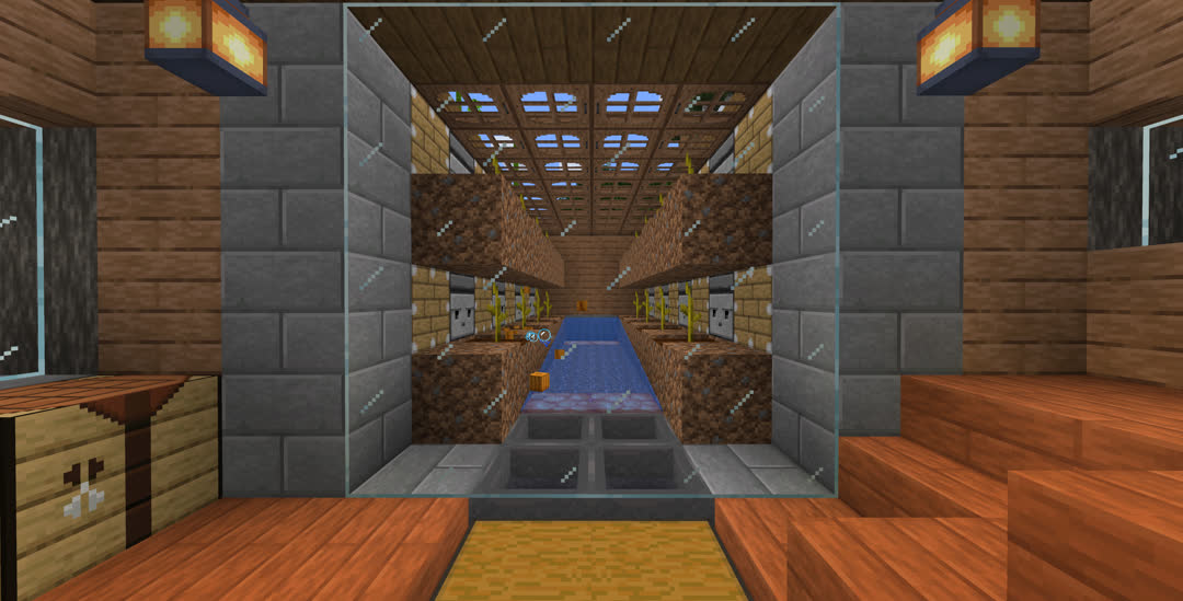 Interior view looking through a window up the water stream and into the farm. A pumpkin is floating down the stream, having just grown and been broken by a piston. The ceiling in the farm area is made of jungle trapdoors, letting in sunlight.