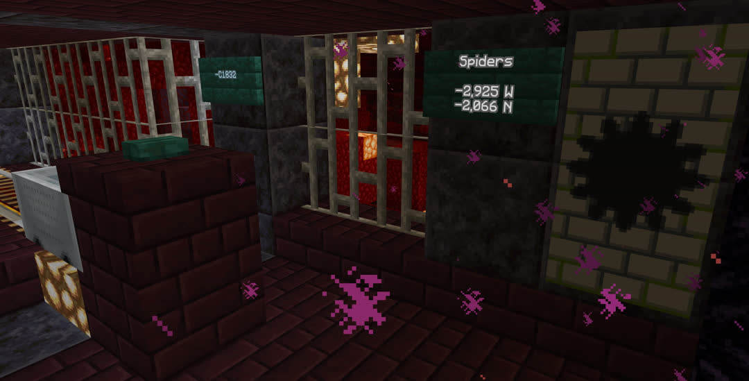 End of a new Nether rail line, located in a crimson forest. Next to the portal are a banner depicting mossy cobblestone and signs reading “Spiders, −2,925 W, −2,066N” and “−C1832”.