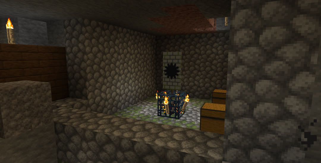 A different dungeon with a spider spawner and two chests.