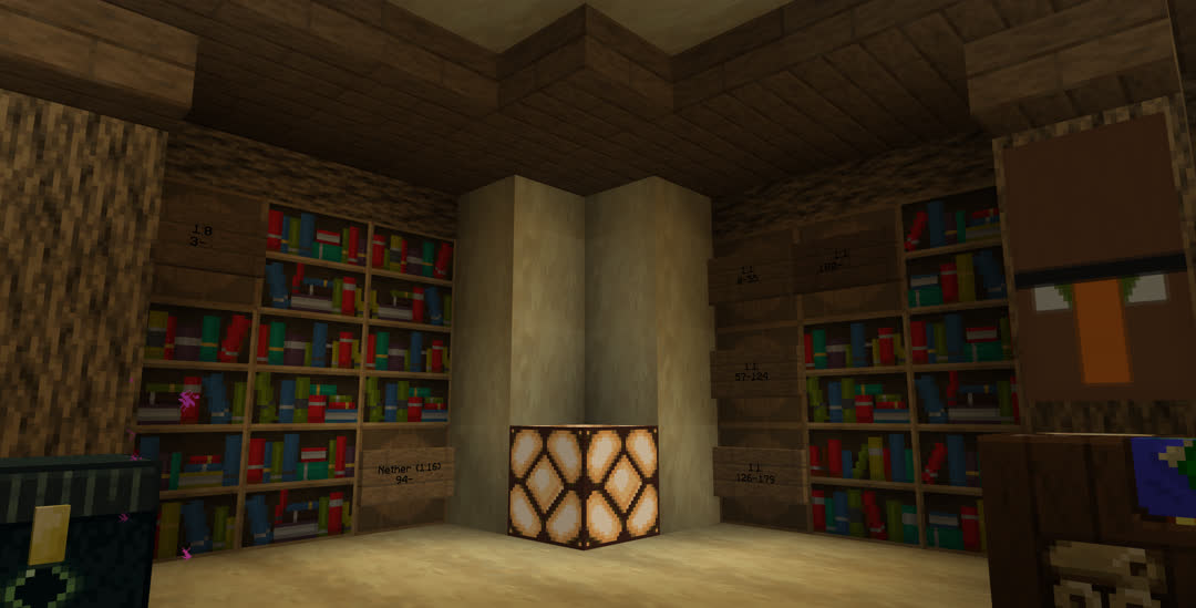 One corner of the room. Several bookshelves have been replaced by barrels, each signed with a range of map ID numbers.