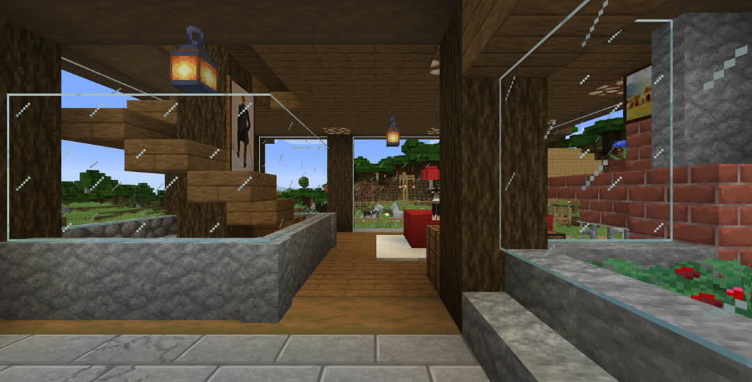 Inside of the house, from the front door looking to the back. Ahead and to the left is a spiral staircase of spruce slabs, wrapped almost to the ceiling by a glass wall atop an andesite base. Most of the walls are windowed, with a small one to the right, a larger one on the left behind the staircase, and floor‐to‐ceiling windows at the back. Ahead and to the right where the room opens out is white carpet on the spruce floor and a wool‐and‐slab “sofa”. Ceiling lighting is a mix of glowstone and lanterns.