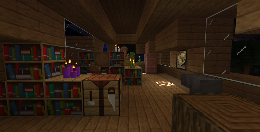 An enchanting setup against one wall under a domed window. There are candles of purple, white, and green atop the bookshelves, as well as a blue parrot perched on a barrel.