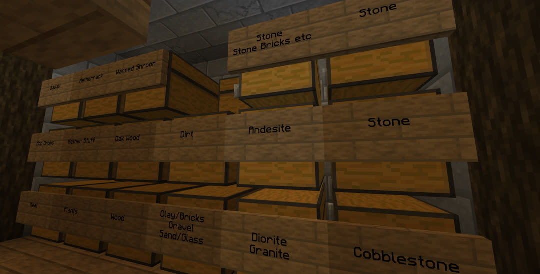 18 chests tucked into a small space, most labeled with signs.