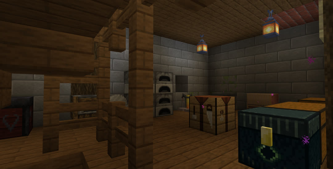 The rest of the basement, with a smithing table, smoker, stonecutter, furnaces, brewing stand, loom, crafting table, and a few more chests.
