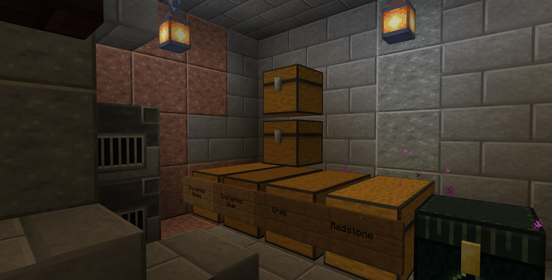 A handful of chests at the bottom of the staircase, some labeled “Enchanted Books”, “Enchanted Gear”, “Ores”, and “Redstone”. Two blast furnaces are stacked on top of each other.
