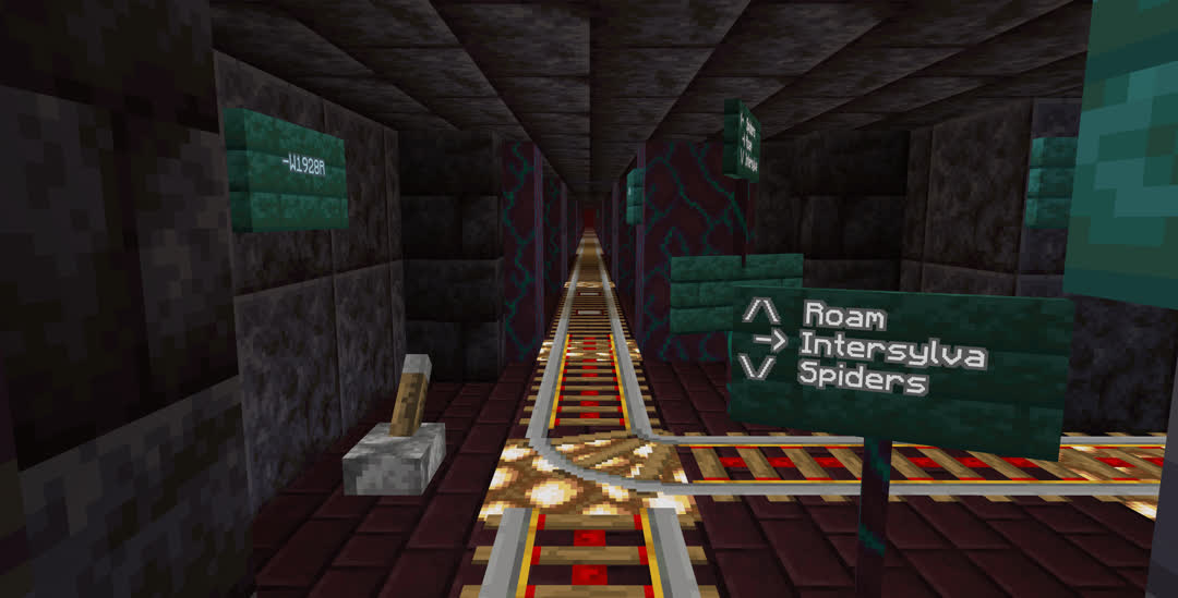 A junction with signs pointing towards Spawn (ahead), Intersylva (right), and Spiders (behind). A lever controls the switch and there are detector rails visible farther along the track. Another sign on the wall reads “−W1928R”.