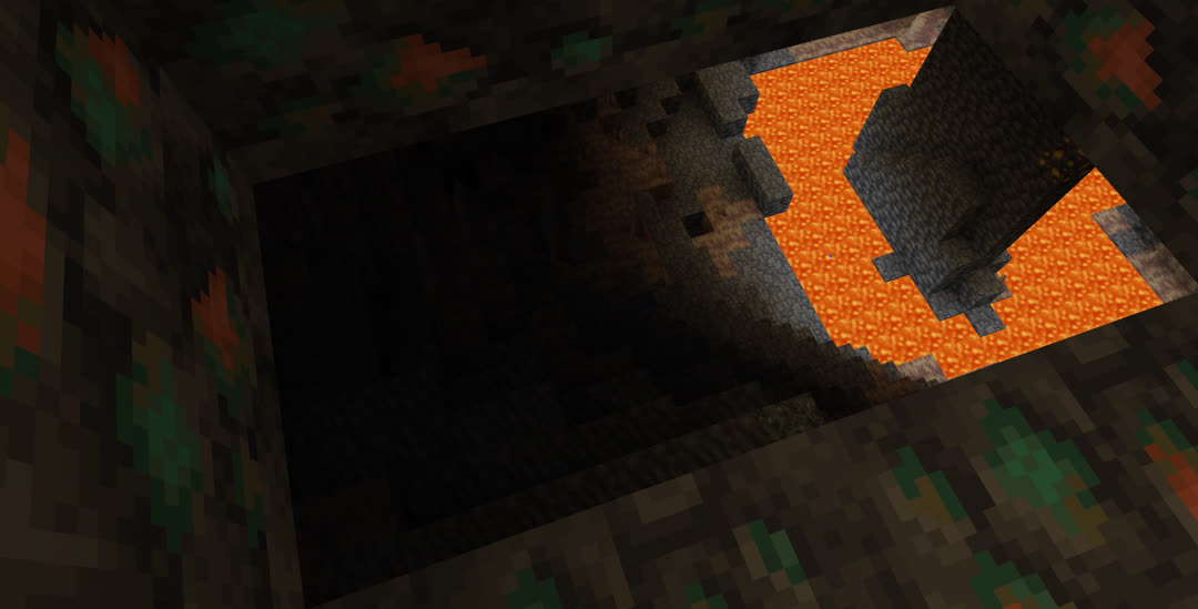 Looking down into a vast dripstone cave through a hole framed by more deepslate copper ore.