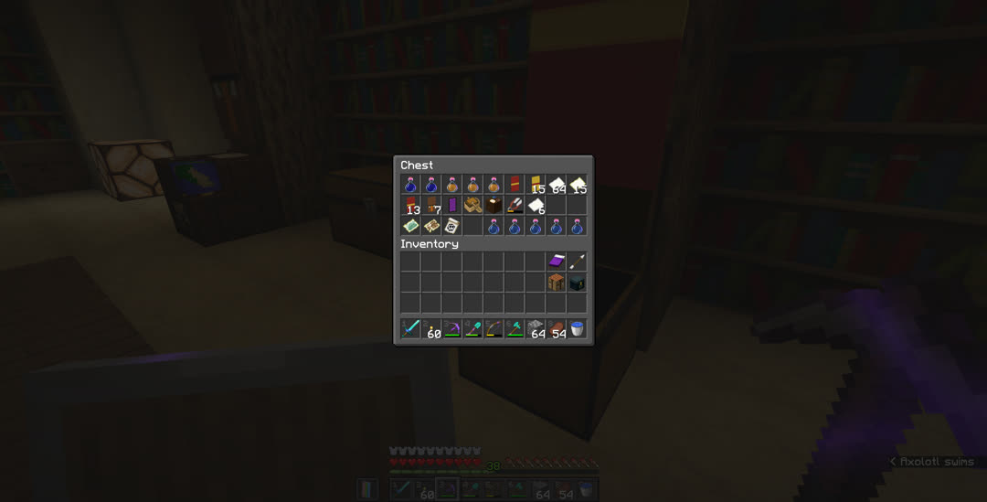 Chest in the map room containing various potions, banners, paper, blank maps, chest boat, cartography table, shears, both explorer maps, and globe banner pattern.