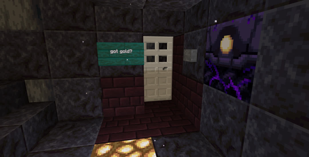 An iron door next to a button, a fully charged respawn anchor, and a sign reading “got gold?”