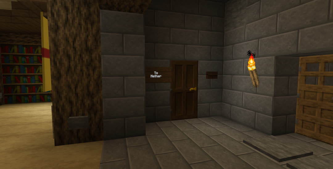 The entrance area to the map room. The sign by a new side door reads “To Nether”.