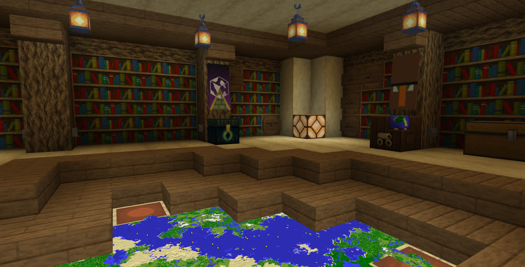 Back wall of the map room, mostly consisting of bookshelves.