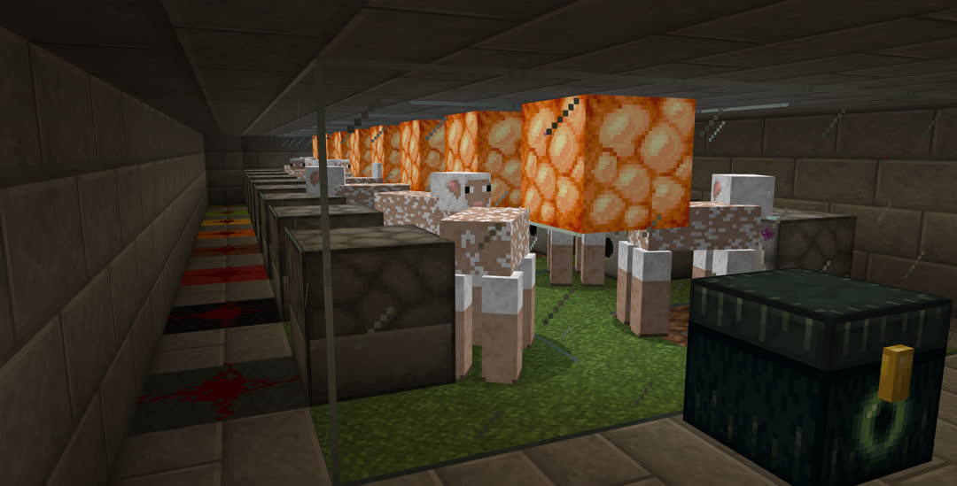 A cramped underground space. Sheep are trapped in glass cells next to dispensers.