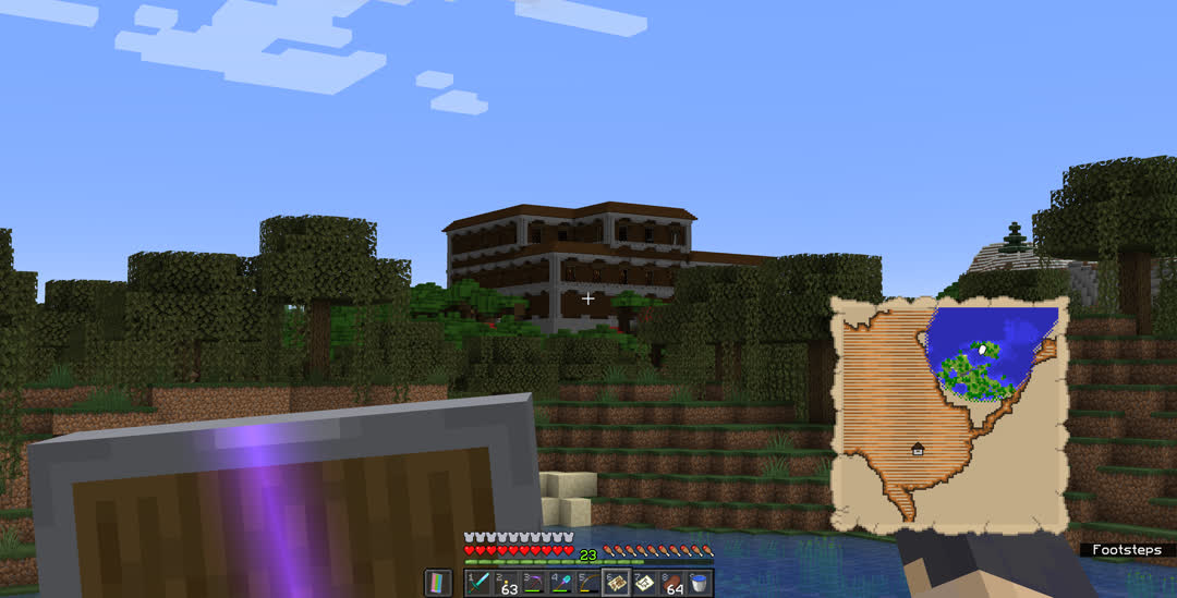 Woodland mansion from a distance. The explorer map is now partially filled in, showing that the actual terrain and previewed terrain are completely different.