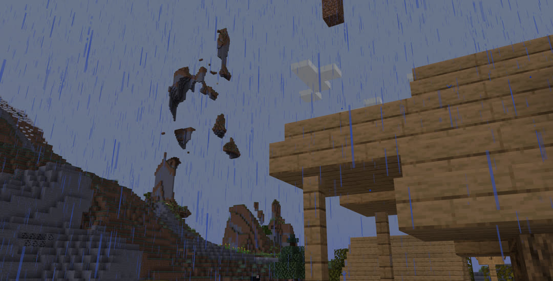 Rainy view from the village looking up at numerous small, tall, and very high floating islands above the mountains.