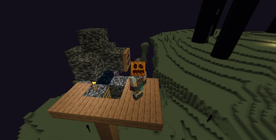 Third‐person view of me on a small platform of wooden slabs around the end gateway, wearing a carved pumpkin but no armor.