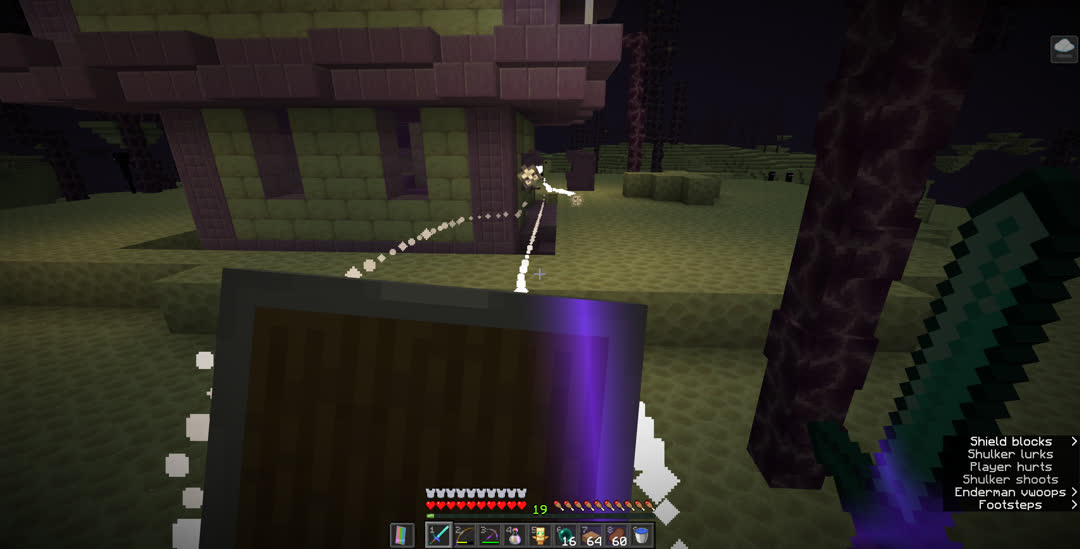 Blocking a shulker bullet outside the city with another bullet having already hit and a couple more on the way.