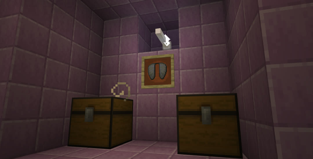 Treasure area of the end ship with two chests and, in an item frame, a pair of elytra.