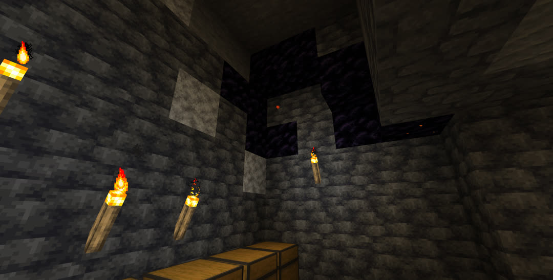 A room being dug out underground, with patchy obsidian around a corner of the ceiling. Lava droplets are showing under multiple blocks.