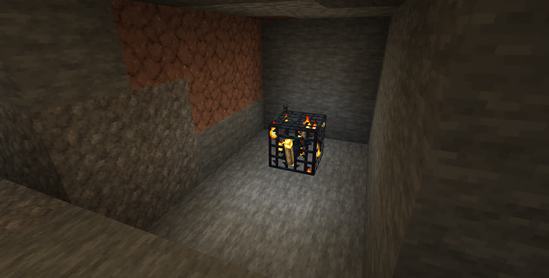 Another abandoned mineshaft with a cave spider spawner; this one has been cleared of webs.