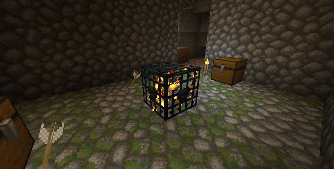 Inside a dungeon with a skeleton spawner. There are several arrows stuck in the floor as well as a pair of chests.