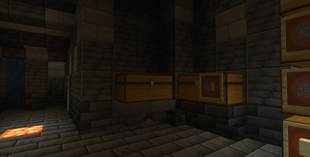 Looking back to the near end of the room, left edge of the chest arrays at the right of the frame. Two more chests are raised off the floor in the corner. The left chest has hoppers underneath leading into the wall; the right has a framed shulker box attached. The ceiling lowers to a narrower hallway at the left of the frame, leading to the bottom of a drop shaft and bubble column water elevator.