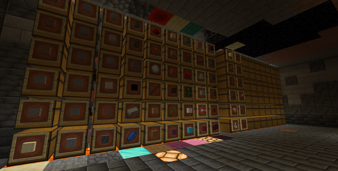A closer view at the wall of chests. The ceiling and floor blocks immediately in front of each column mostly correspond to the items labeling their adjacent chests. There are also two redstone lamps in the floor, one centered on each array; the nearer lamp is lit.
