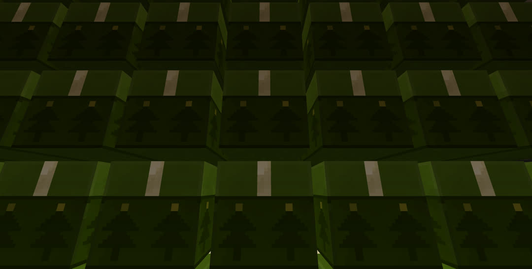 Nearly‐symmetrical close‐up of the unused chests, retextured to look like Christmas presents. Each appears in green wrapping paper; the lid is a lighter shade with a cream ribbon up the center, while the lower portion is a darker shade decorated with a simple repeating Christmas tree design.