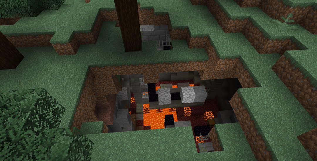 A hole in the floor of a taiga forest, revealing a ruined nether portal about ten meters underground and surrounded by lava.