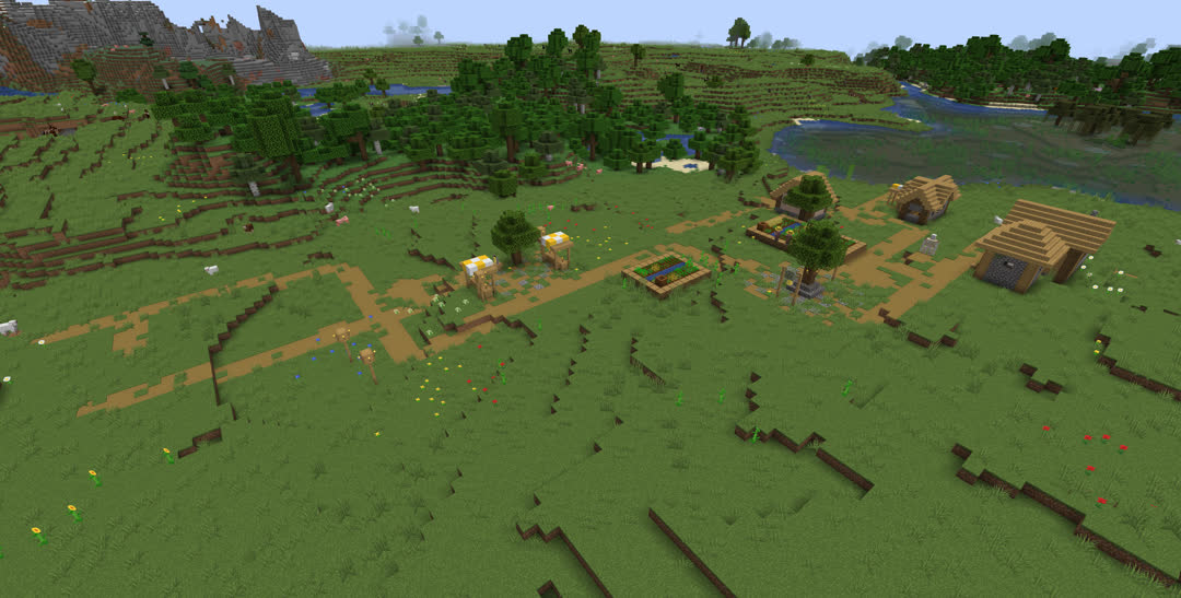 Overview of a plains village. It’s only got four buildings.