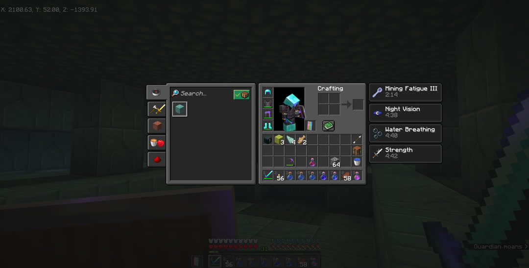 Inventory view, still inside the penthouse, including three wet sponges. All three potion effects still have at least four minutes and 38 seconds on their countdowns.