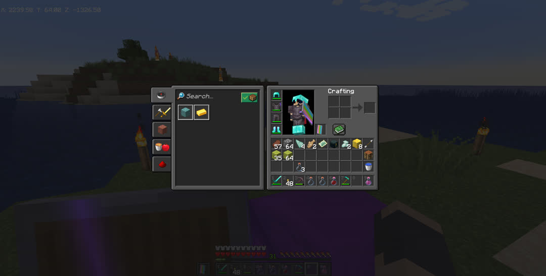 Inventory view, now on land, including 99 wet sponges and eight blocks of gold.