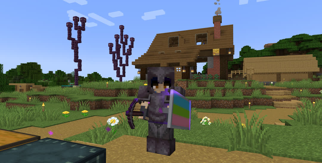 Third‐person shot, standing in front of the house wearing full netherite armor while holding a netherite pick and a shield, all enchanted. The shield is decorated, divided vertically in thirds; from left to right they are stripes of pink, lime, and light blue.